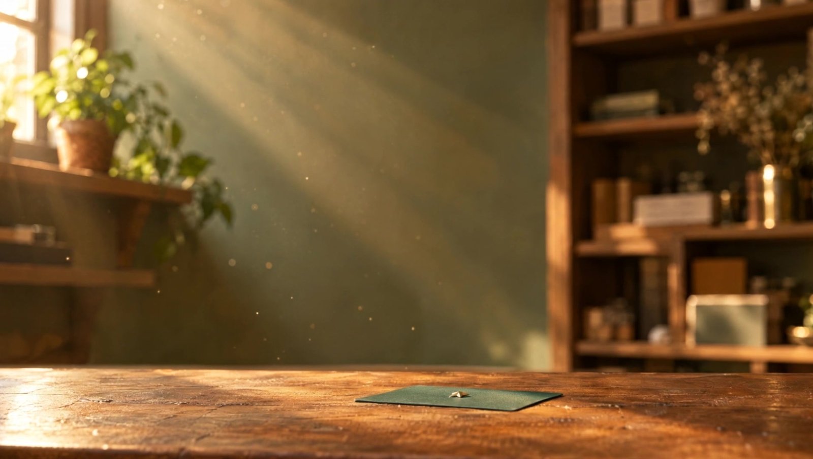 A Good Word card resting on a wooden shop counter in warm afternoon light